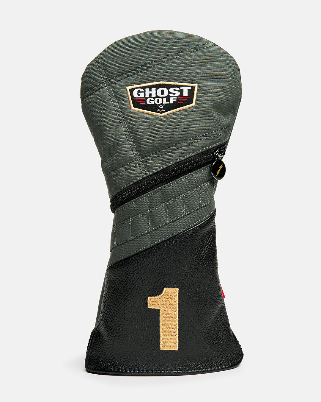 Front product shot of the G-Suit Secondary Driver Head Cover featuring the Ghost Golf logo embroidered at the top and an embroidered number "1" at the bottom. Front-facing image highlighting the detailed embroidery, aviation-inspired styling, and signature Ghost Golf craftsmanship. #size_driver