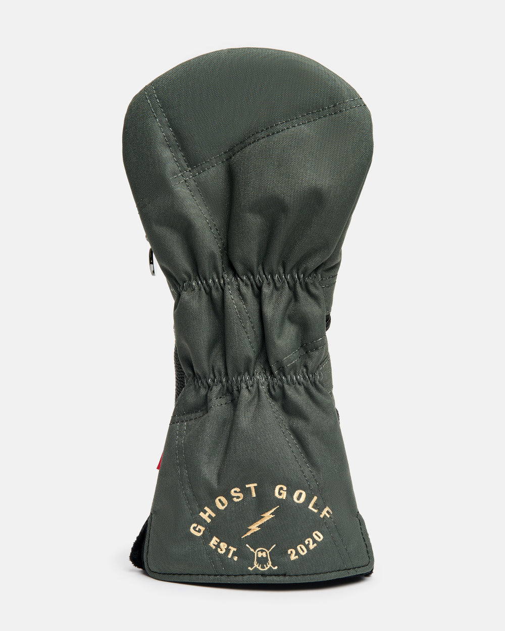 Back product shot of the G-Suit Secondary Driver Head Cover showcasing the Ghost Golf logo embroidered on the lower back panel. Rear-facing image highlighting the premium embroidery, clean design details, and signature Ghost Golf branding with military aviation-inspired styling. #size_driver