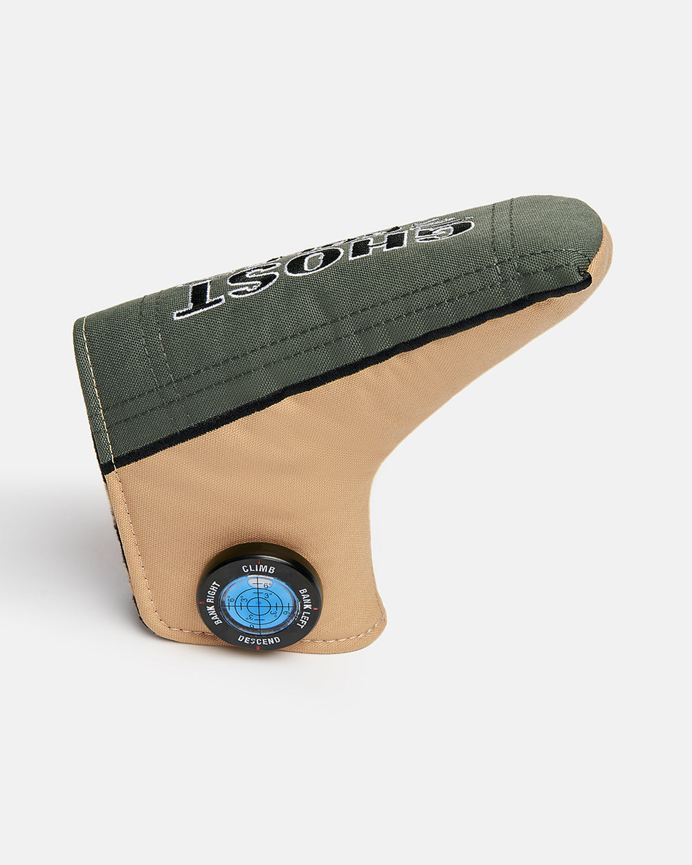 Side product shot of the G-Suit Secondary Blade Putter Cover designed, featuring aviation-inspired compass graphics on the side and Ghost Golf embroidered across the top. Angled view highlighting the unique aircraft silhouette, premium embroidery, and signature Ghost Golf military-inspired design details.