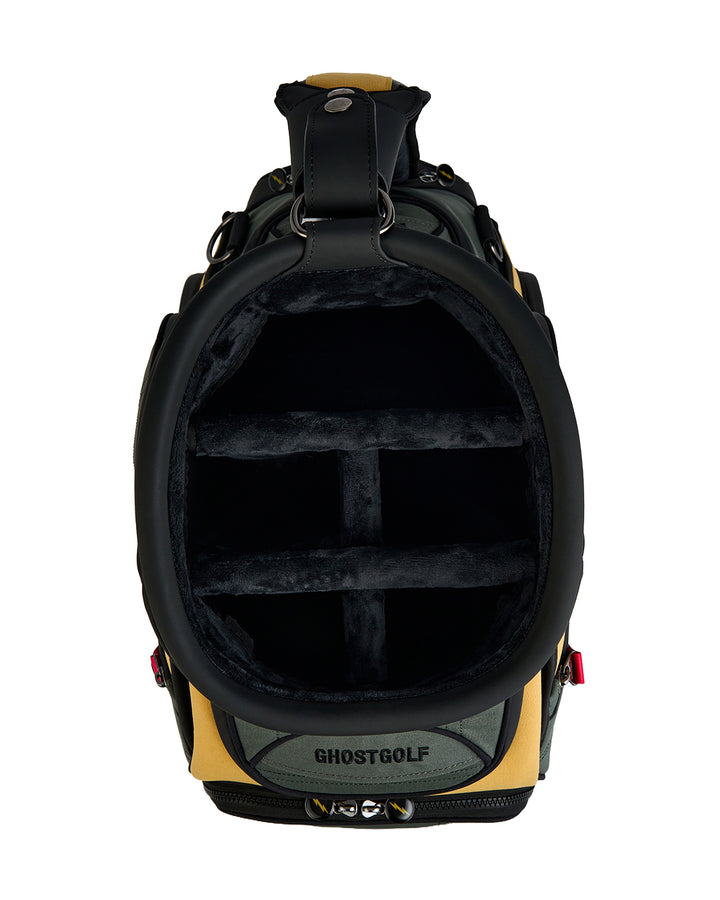 Top view of the G-Suit Staff Bag showcasing premium velvet-lined golf club dividers, designed to protect club shafts and organize clubs within the bag.