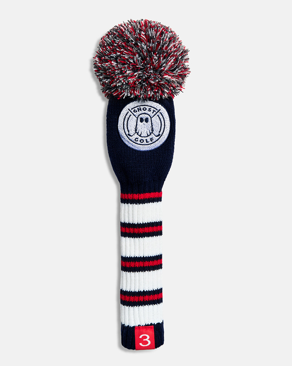 Front product shot of the Navy Ghost Golf Stripe 3-Wood Knit Head cover featuring a navy striped knit pattern, an embroidered Ghost Golf emblem at the top, and a red tag with the number 3 at the bottom. #size_3-wood