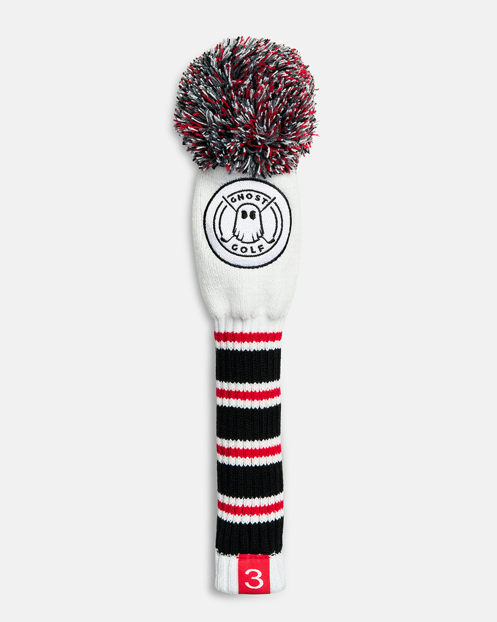 Front product shot of the White Ghost Golf Stripe 3-Wood Knit Head cover featuring a white striped knit pattern, an embroidered Ghost Golf emblem at the top, and a red tag with the number 3 at the bottom. #size_3-wood