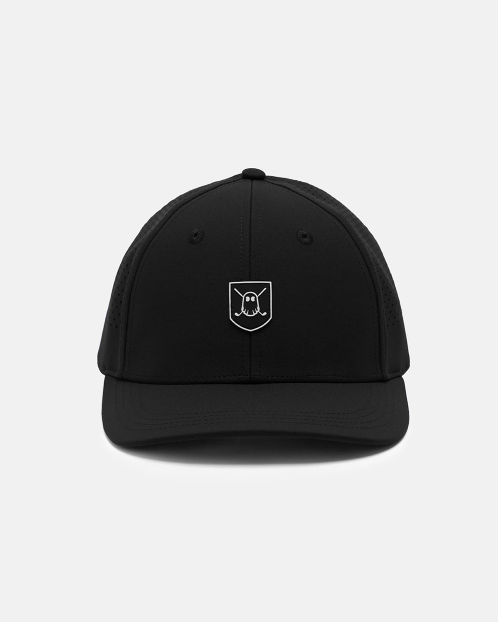Front View Product Photo of Black GG Icon Crest Snapback Hat with Ghost Golf Icon Crest #color_black