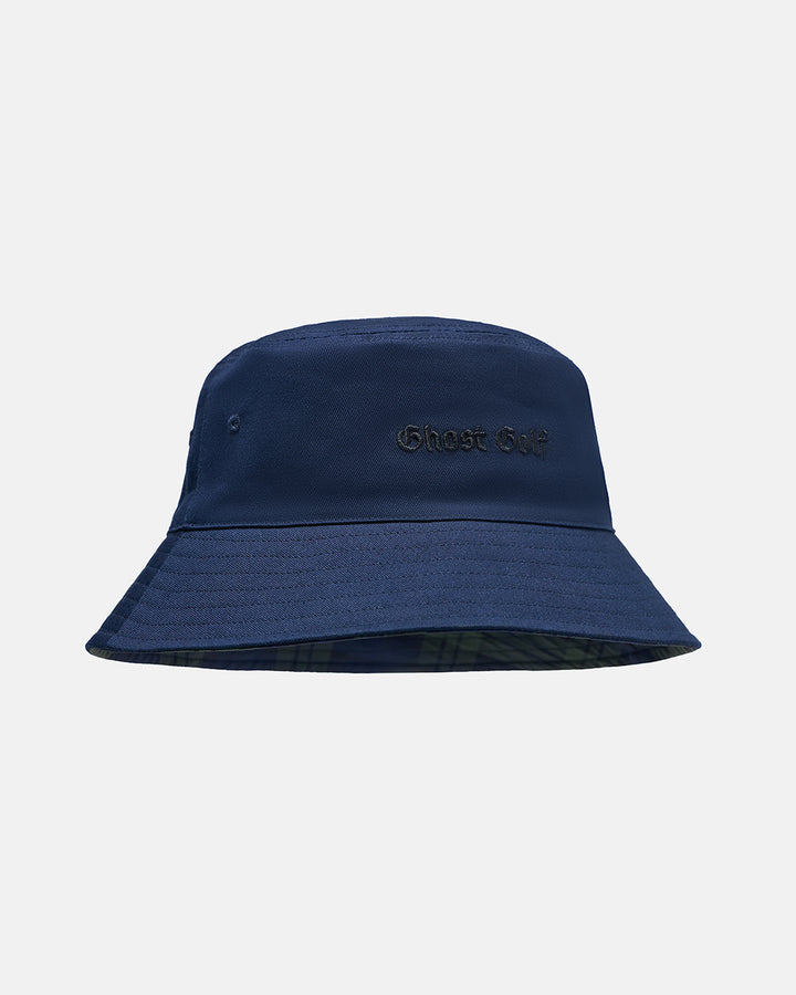 Three Quarter Left View Product Photo of Plaid-Dark Navy GG Spectator Bucket Hat with Ghost Golf #color_plaid-dark-navy