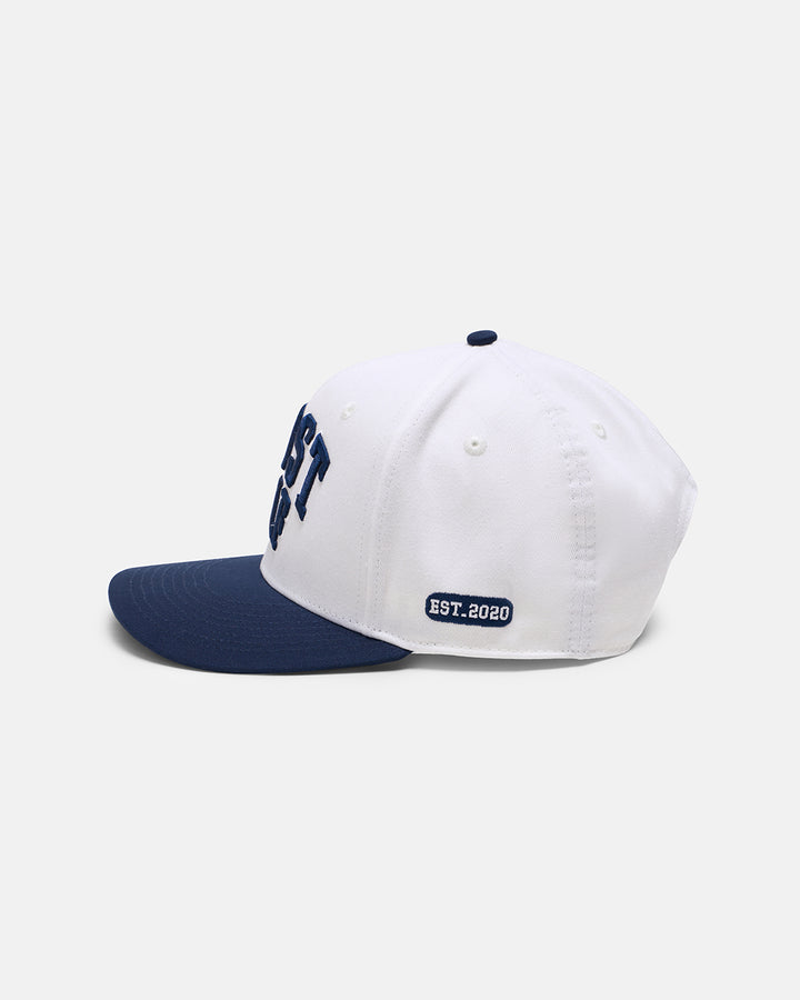 Side View Product Photo of Cream White GG Spectator Snapback Hat with Embroidered Established 2020 on side #color_white