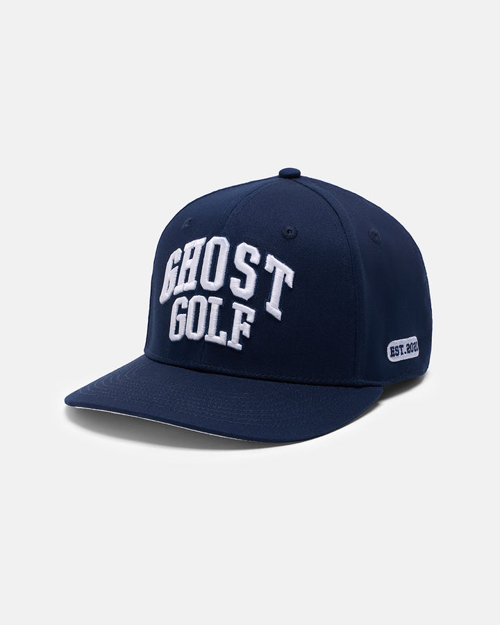Three Quarter Right View Product Photo of Dark Navy GG Spectator Snapback Hat with Ghost Golf #color_navy