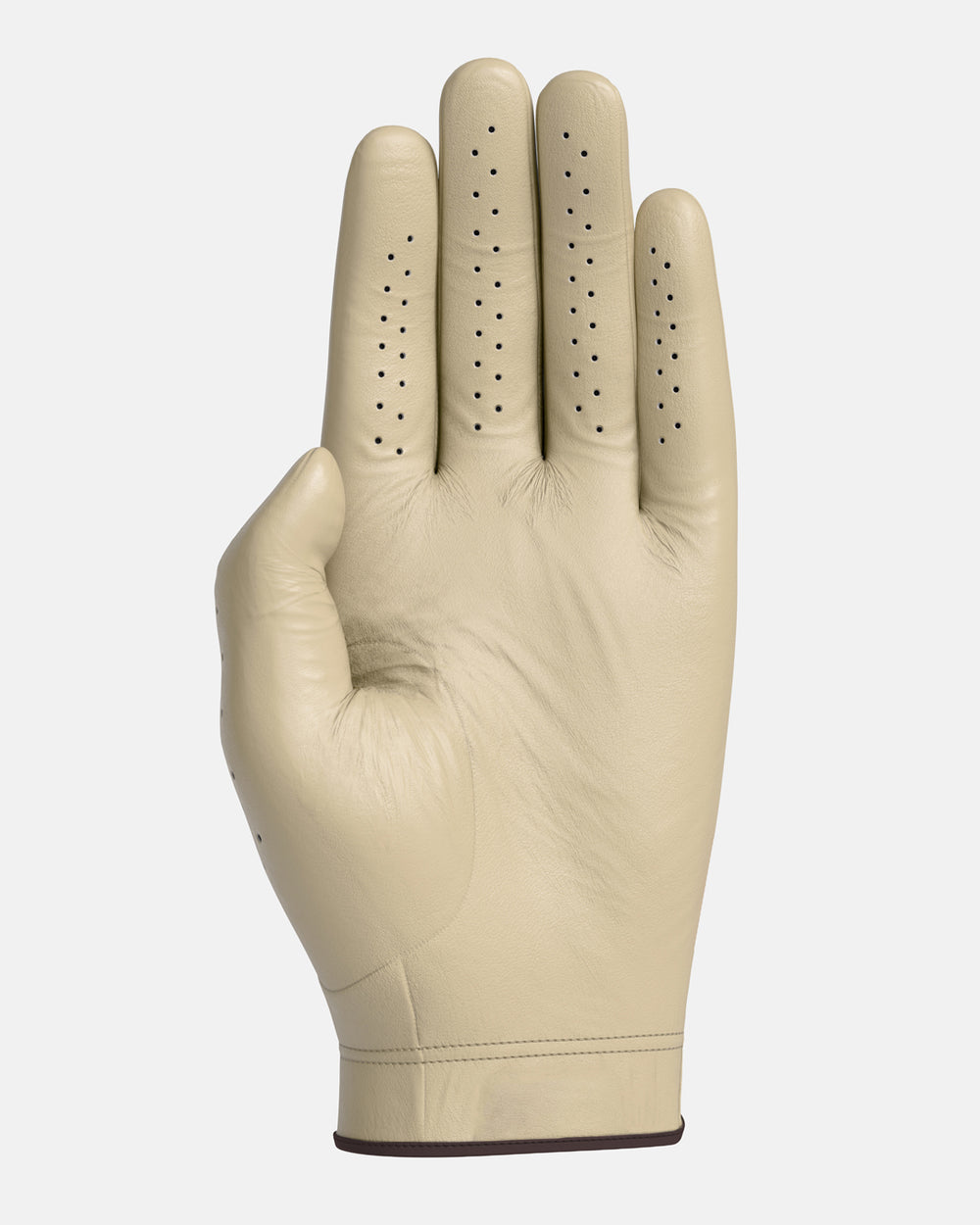 An off-white leather golf glove with perforated details on the fingers and palm, shown against a light gray background.