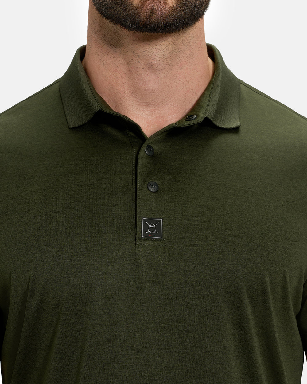 Closeup Front View of Forest Green Ghost Golf Marled Core Polo on White Male Model #color_forest -green