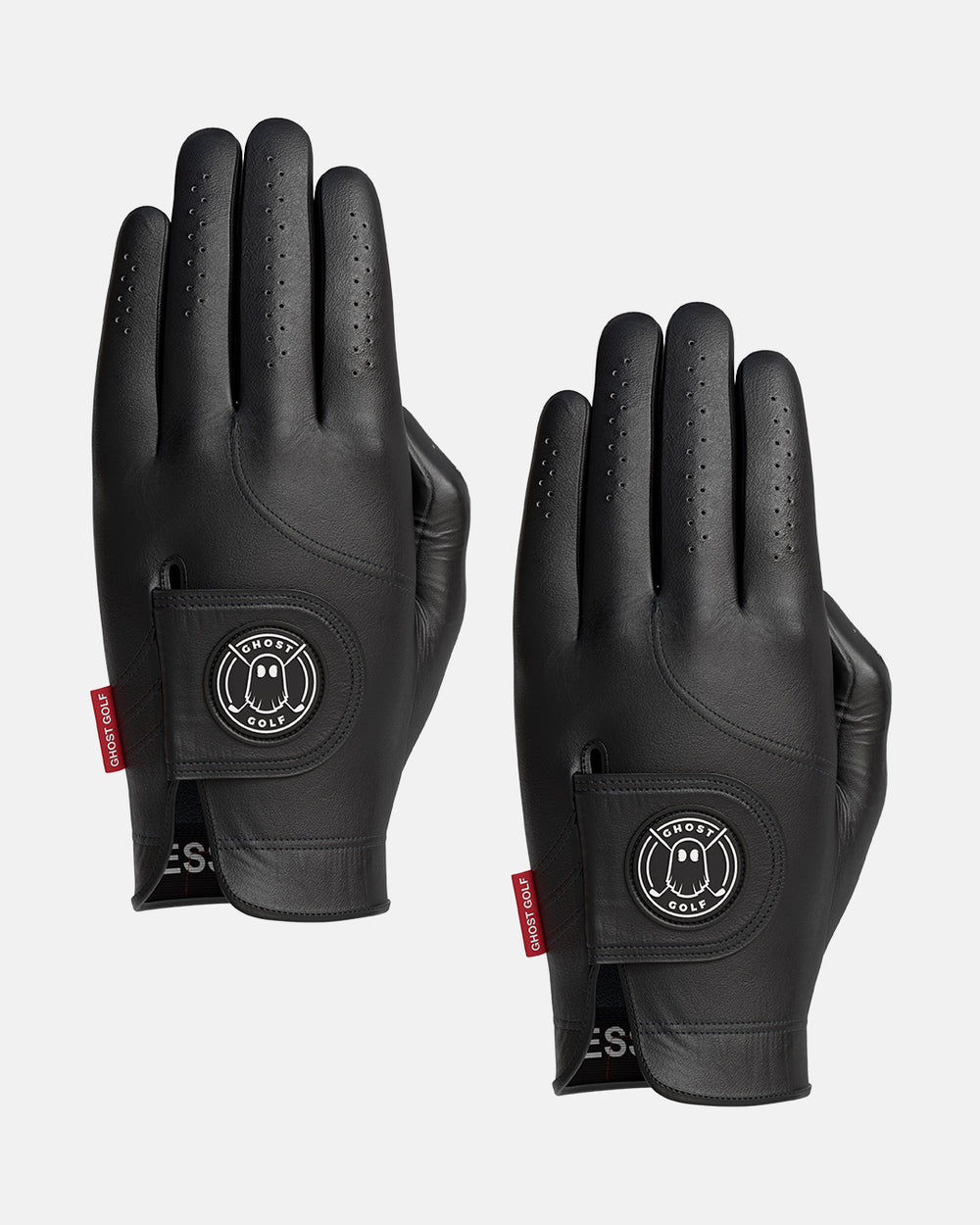 Front view of two black Ghost Golf gloves with Ghost Golf logo on the Velcro closure #color_black