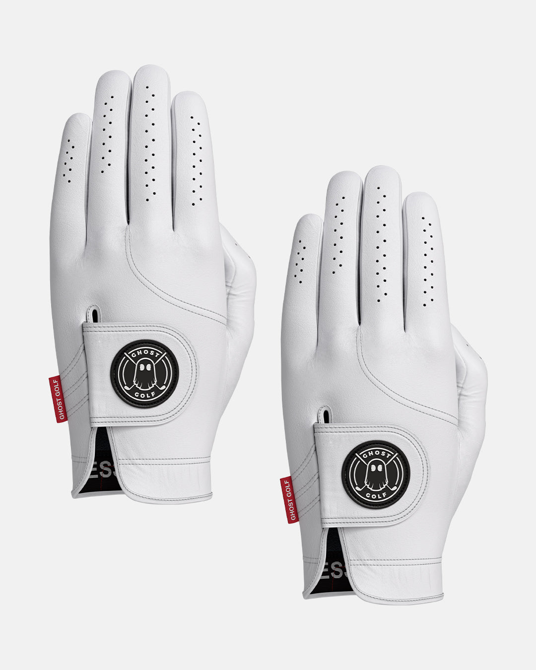 Front view of two white Ghost Golf gloves with Ghost Golf logo on the Velcro closure #color_white