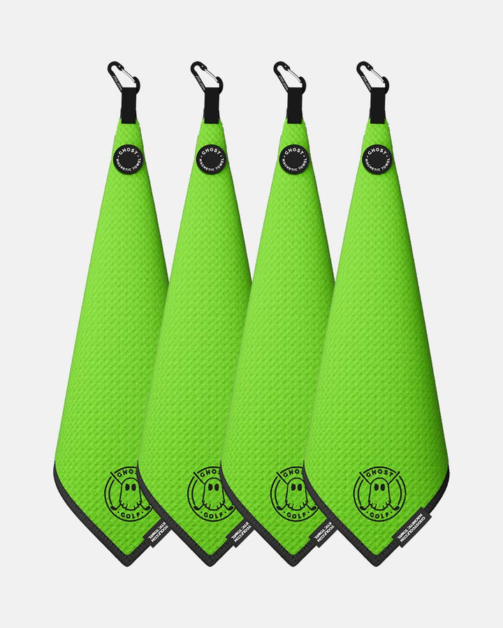 4 Ghost Golf Greenside towels with Magnet Patch and Carabiner. Color Neon Green