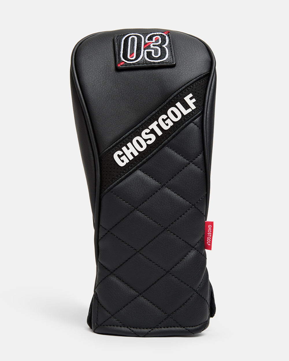 Front Product Shot of Black Gridline 3 Wood Head Cover showcasing number 3 on top and ghost golf in the middle #size_3-wood