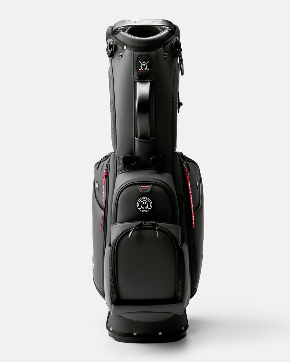 GHOSTGOLF Anyday Katana golf bag in black, shown at a front angle with zippered pockets, an emblem Ghost Golf logo, and a red “Play Fearlessly” tag.