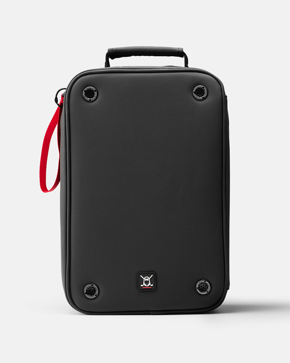 A black rectangular shoe bag with a top handle, four corner grommets, a red wrist strap, and a small black-and-white logo on the front, shown on a light gray background.