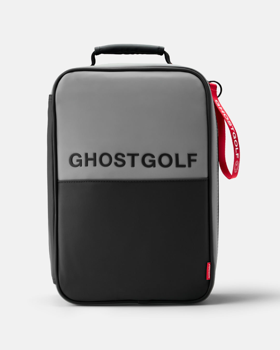 A Ghostgolf shoe bag in black and gray with a red wrist strap, shown on a light gray background.