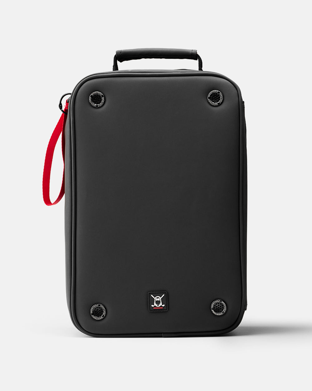 A black rectangular shoe bag with a top handle, four corner grommets, a red wrist strap, and a small black-and-white logo on the front, shown on a light gray background.