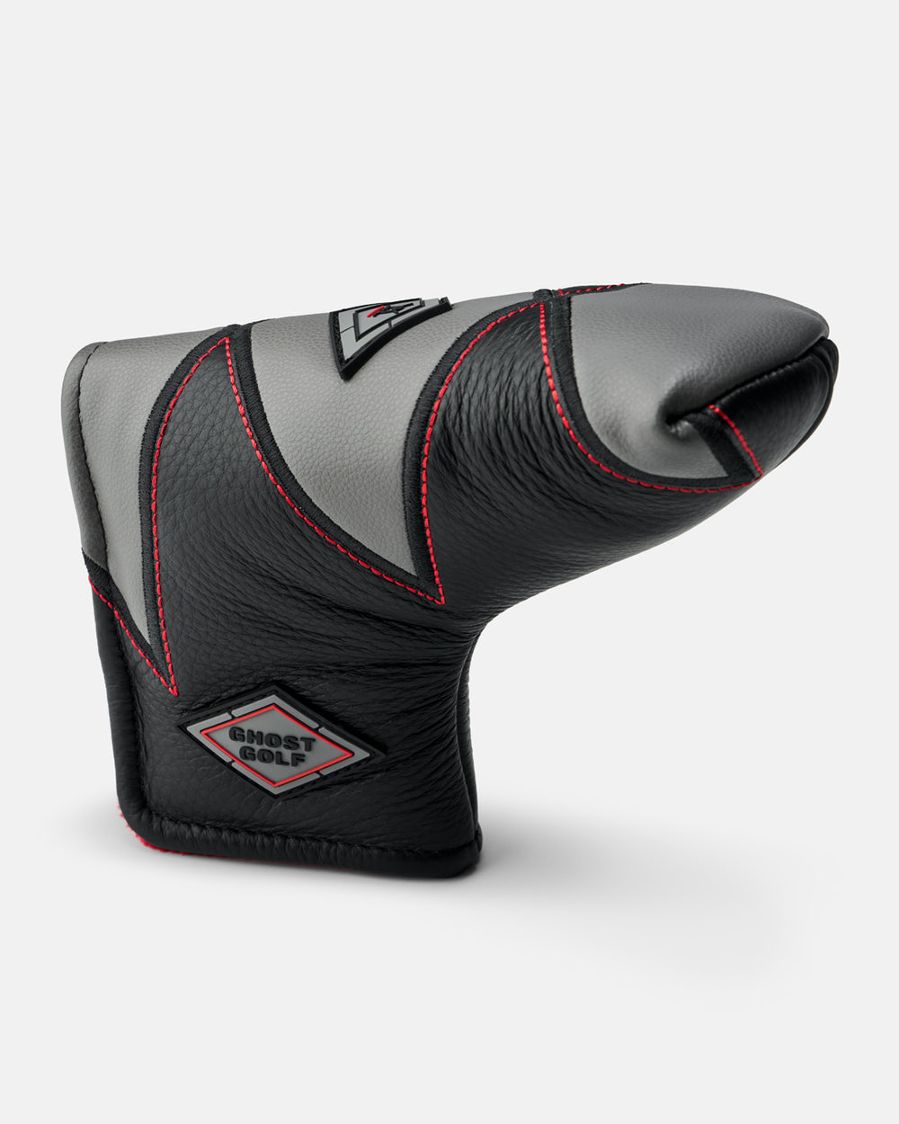 Side product view of the Black-Grey Katana Blade Putter Cover featuring a diamond-pattern design, center stripe, and Ghost Golf logo framed within a diamond detail on the side. #color_black-grey