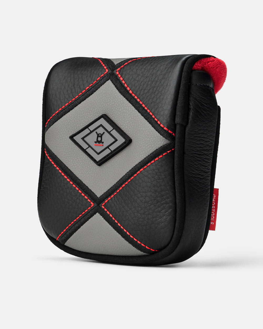 Three quarter product view of the Black-Grey Katana Mallet Putter Cover featuring a diamond-pattern design, and Ghost icon logo centered within the middle diamond detail. #color_black-grey