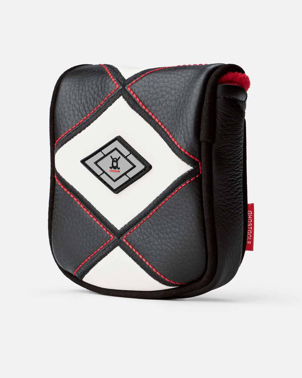 Three quarter product view of the Black-White Katana Mallet Putter Cover featuring a diamond-pattern design, and Ghost icon logo centered within the middle diamond detail. #color_black-white