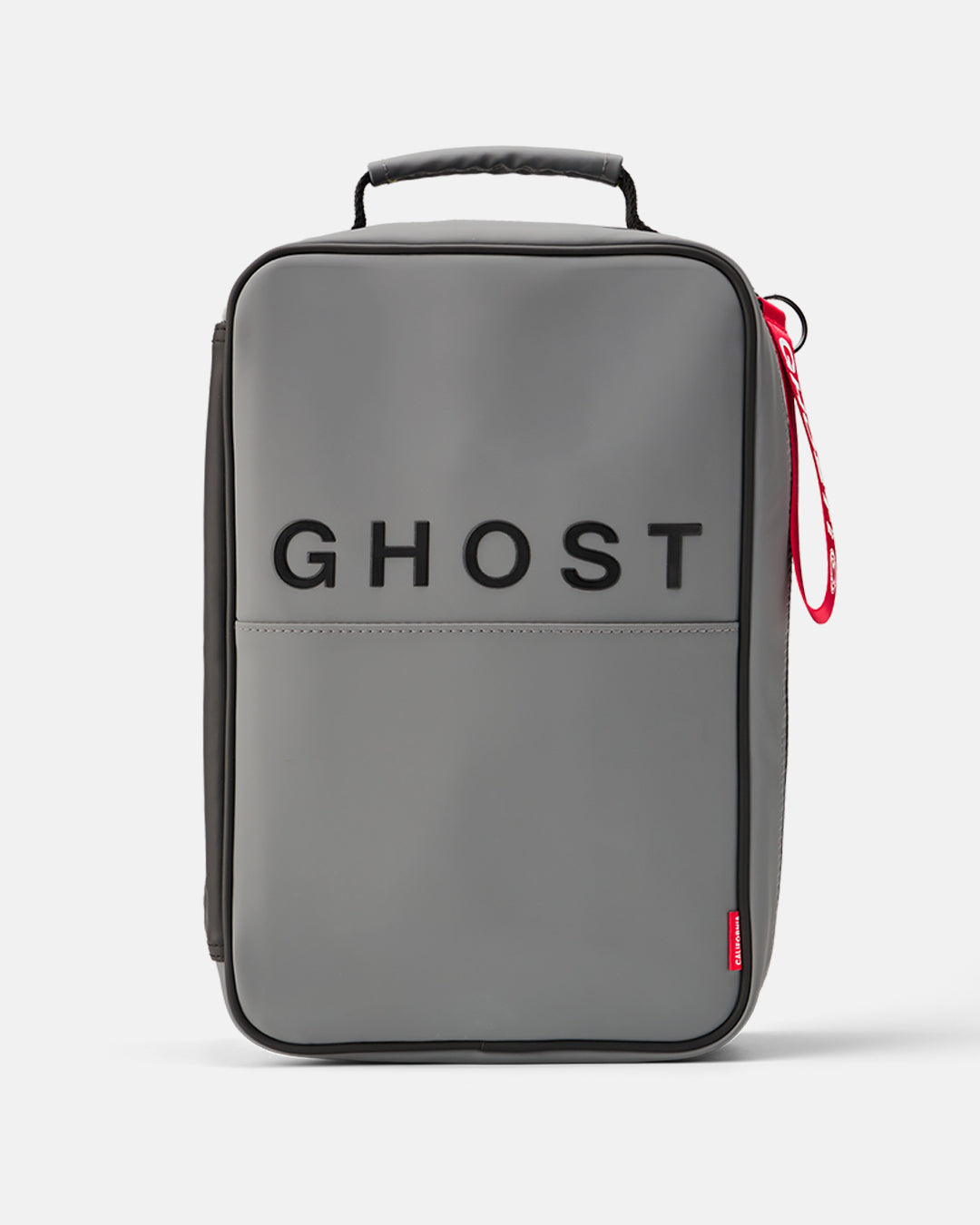 A Ghostgolf shoe bag in a grey design, featuring the brand name 'GHOST' printed in black on the grey upper section. The bag has a top handle, a red zipper pull, and is photographed on a clean, light gray background.