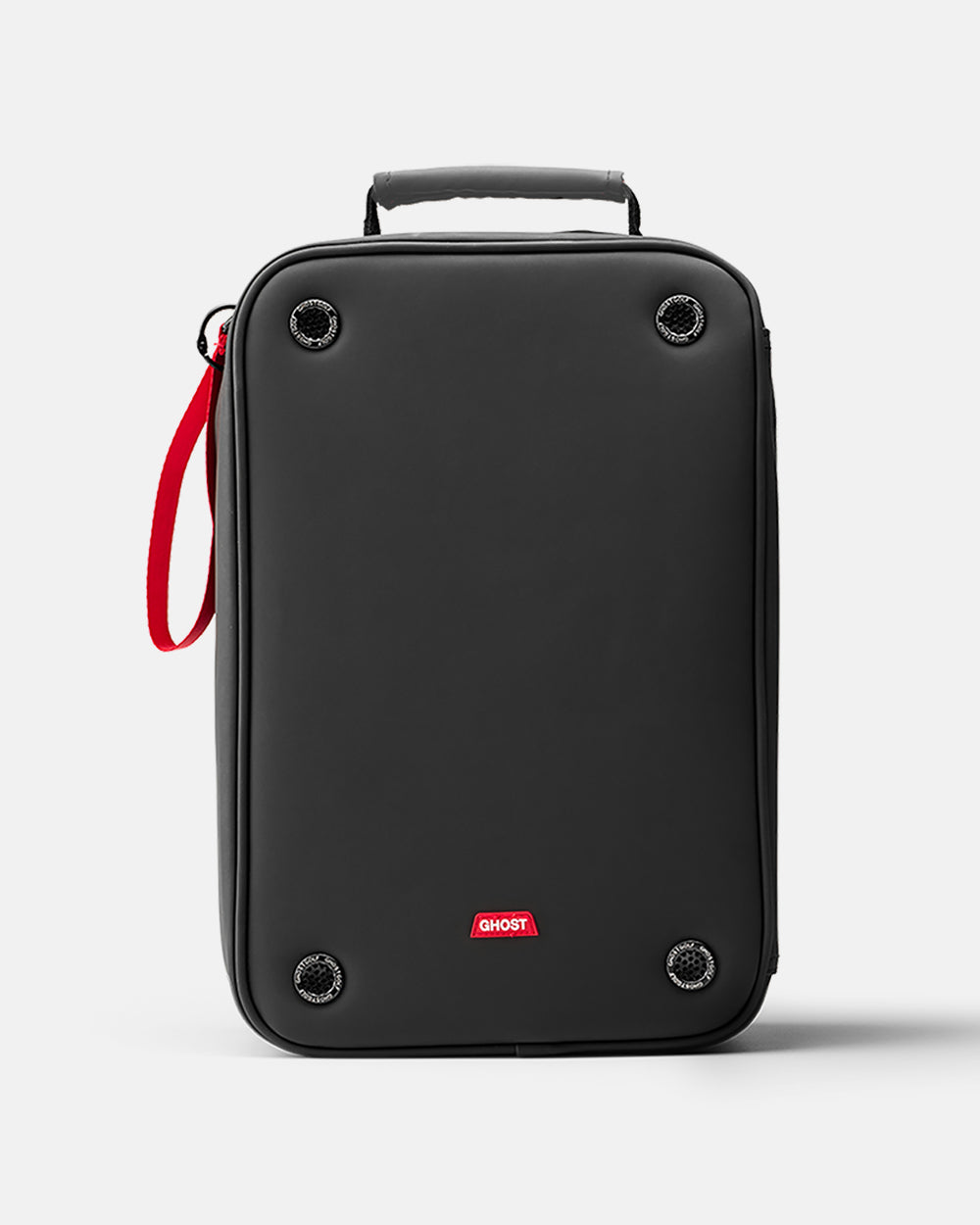 A grey Shoe Bag with a top handle, four metal grommets, a red wristlet strap, and a small logo badge on the back, shown against a light gray background.