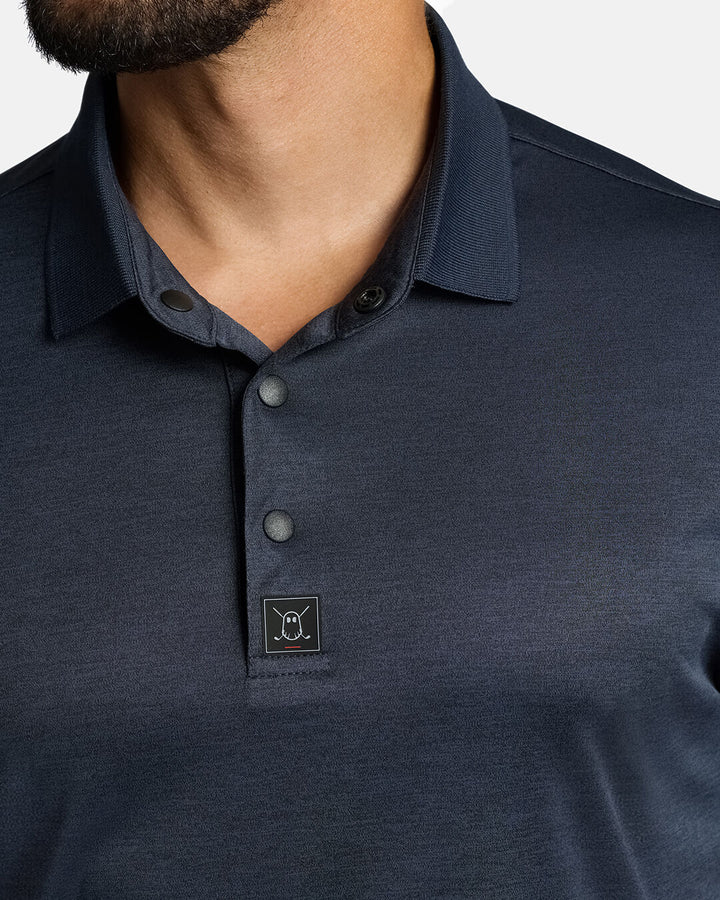 Closeup Front Shot of Navy Marled Golf Polo showcasing buttons of polo and ghost golf icon #color_dark-navy