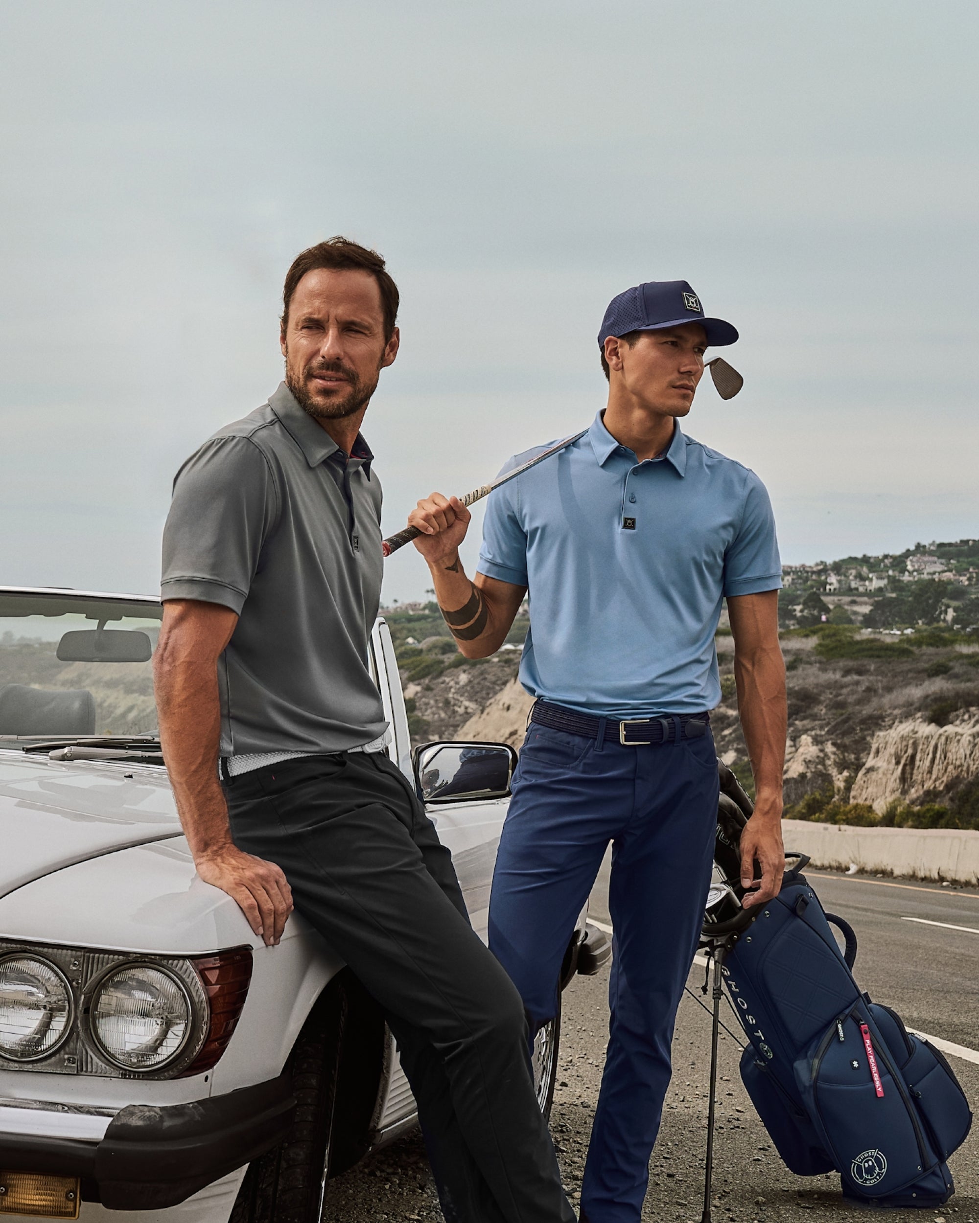 Mobile_Polo_Collection_Banner_Header_2 Male Models Wearing Blue and Grey Polos