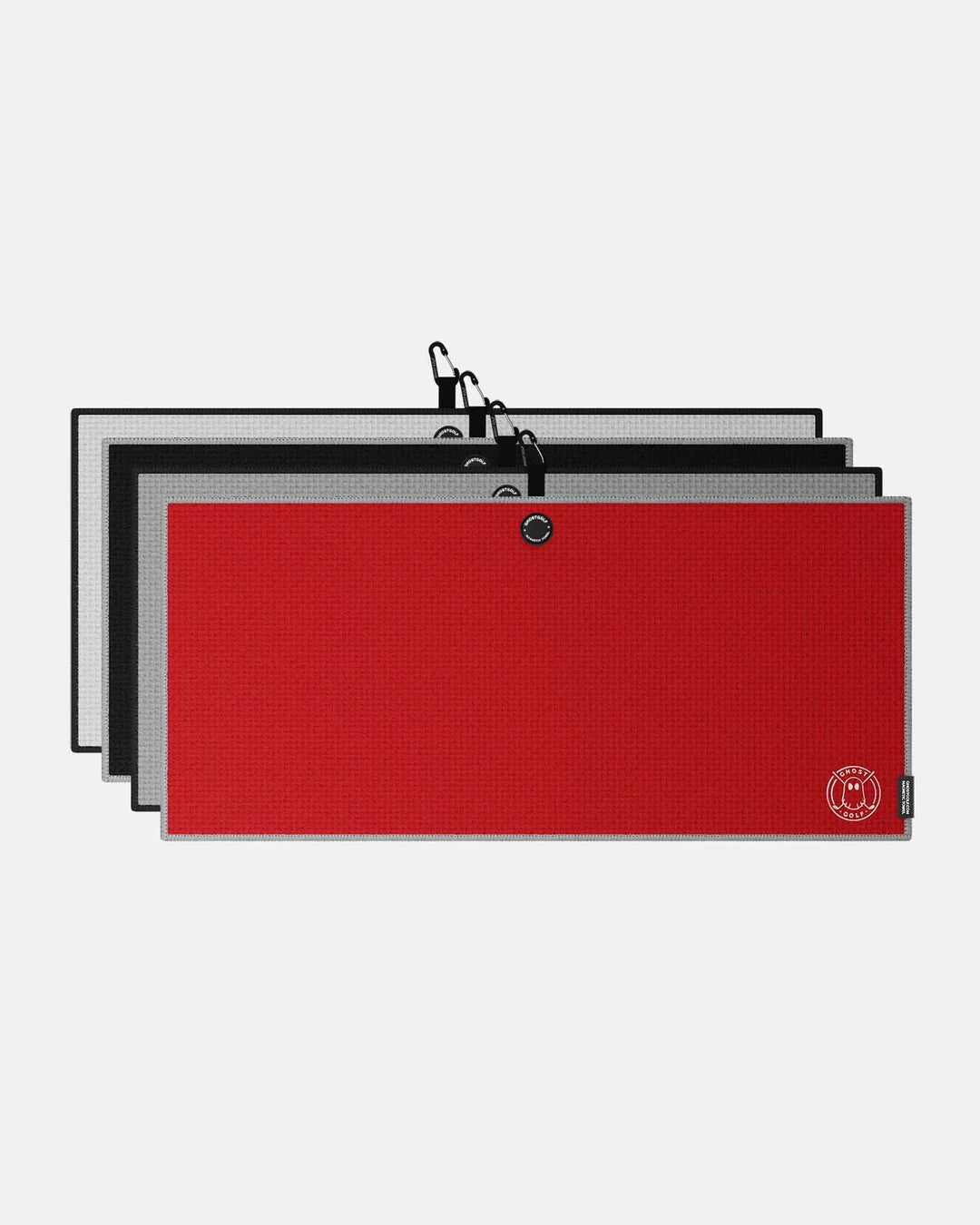 Product shot of 4 Pack Muncipal Club Ghost Golf Magnetic Caddie Towel with emblem logo on bottom right corner and carabiner clip at the top in red grey black and white
