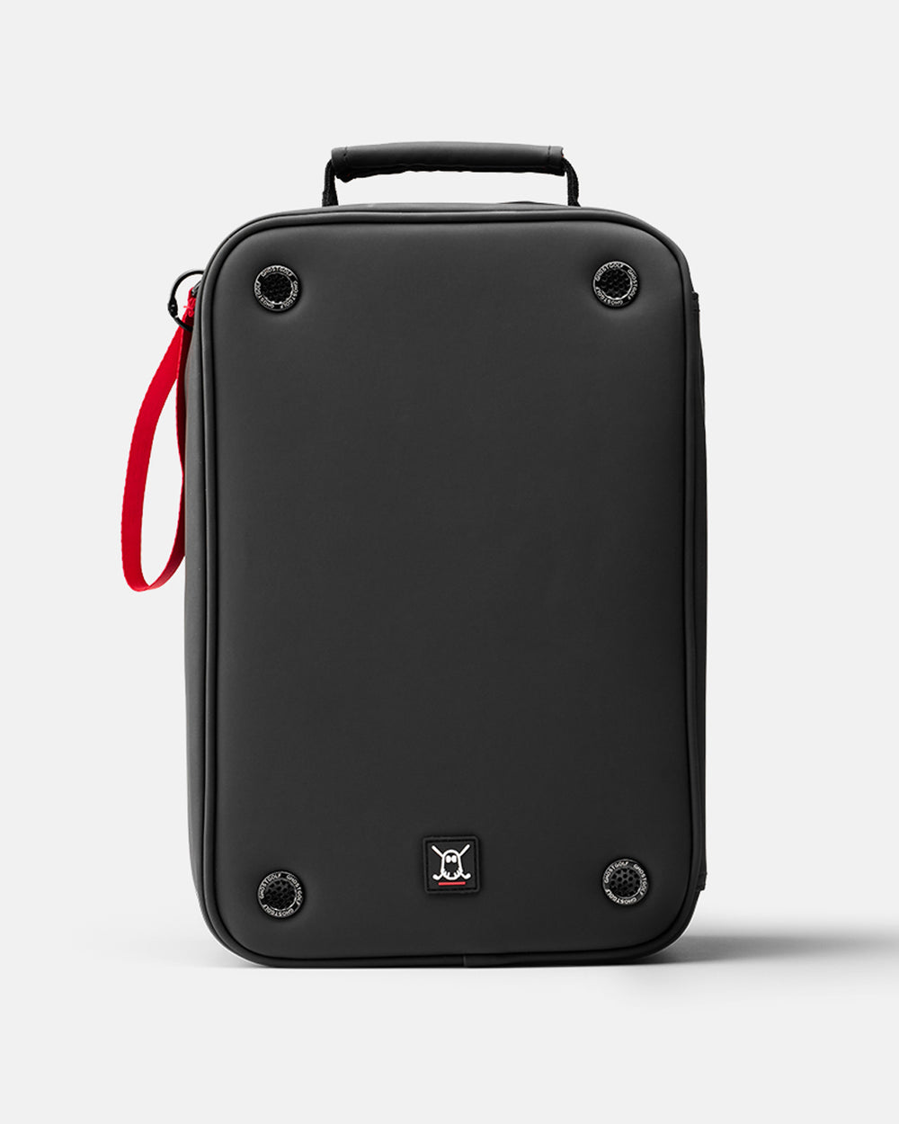 A black rectangular shoe bag with a top handle, four corner grommets, a red wrist strap, and a small black-and-white logo on the front, shown on a light gray background.