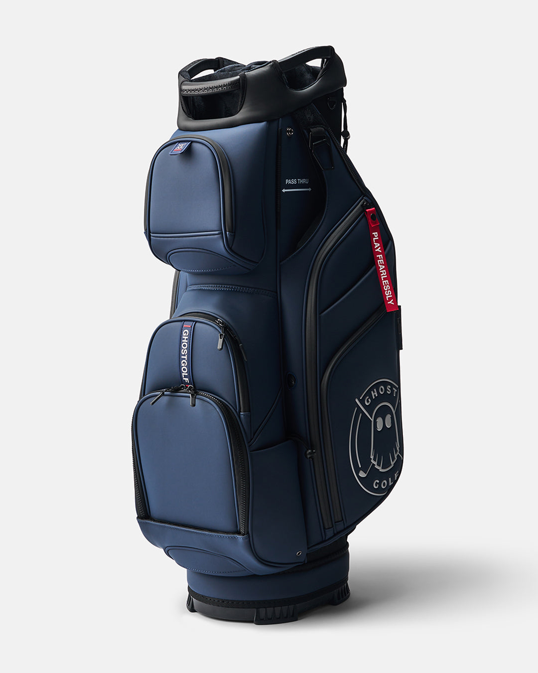 GHOSTGOLF GT-14 Patriot golf bag in navy, shown at a three-quarter angle with zippered pockets, an embossed Ghost Golf logo, and a red “Play Fearlessly” tag.