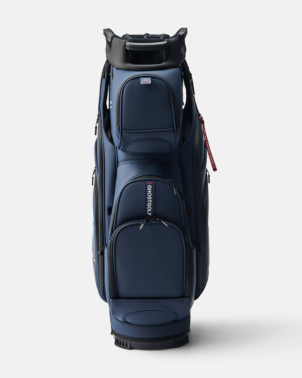 GHOSTGOLF GT-14 Patriot golf bag in navy, shown at a front angle with zippered pockets, an embossed Ghost Golf logo, and a red “Play Fearlessly” tag.
