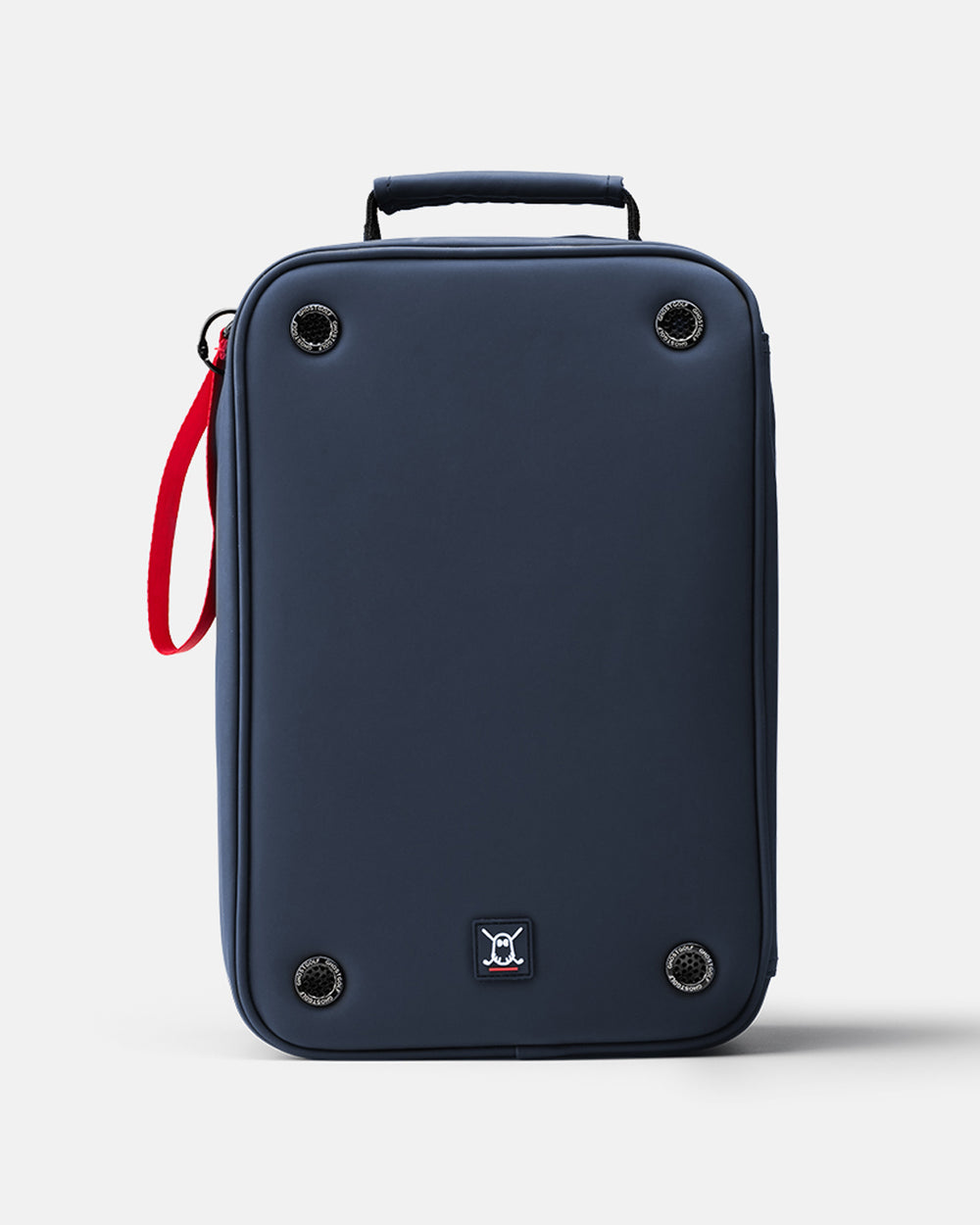 A navy blue rectangular shoe bag with a top handle, metal grommets, and a red wrist strap, shown on a light gray background.