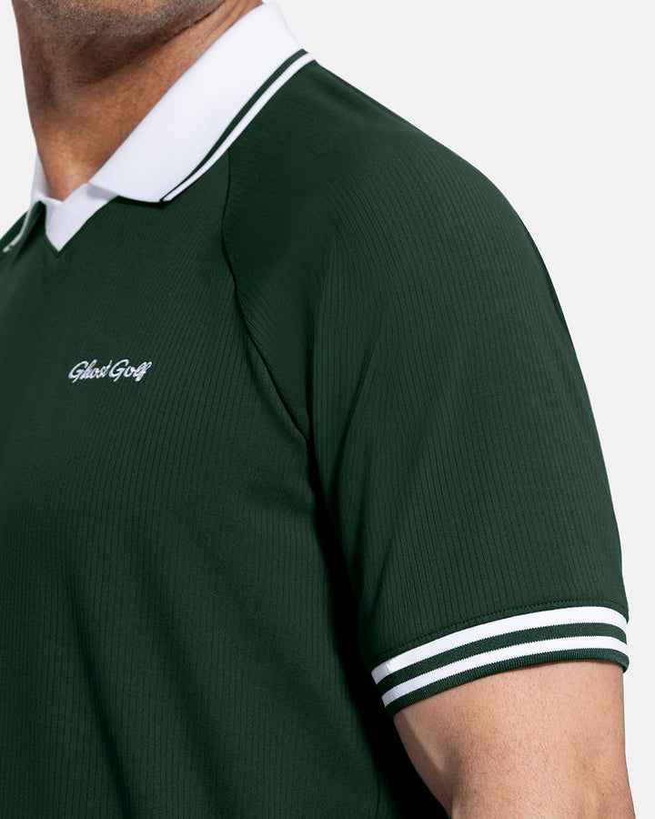 Closeup Side View of Bogey Green Patrons Heritage Polo on white male model showing ghost golf graphic hit #color_bogey-green