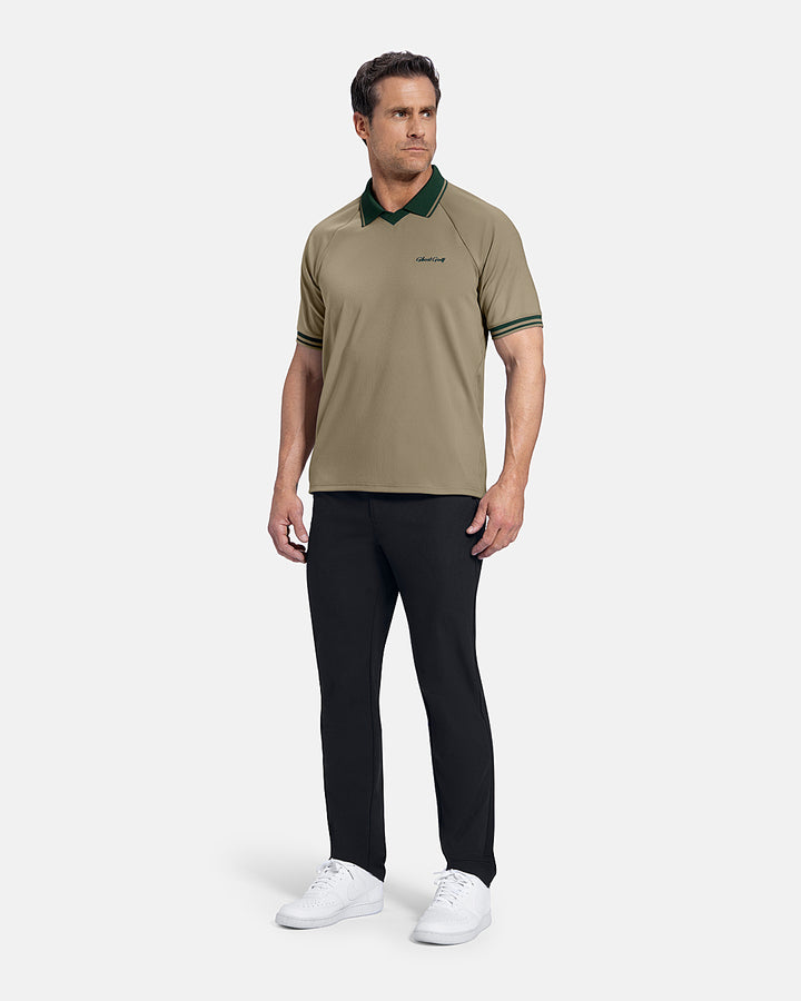Full Body Front View of Sand Patrons Heritage Polo on white male model wearing black pants and white shoes #color_sand-wedge