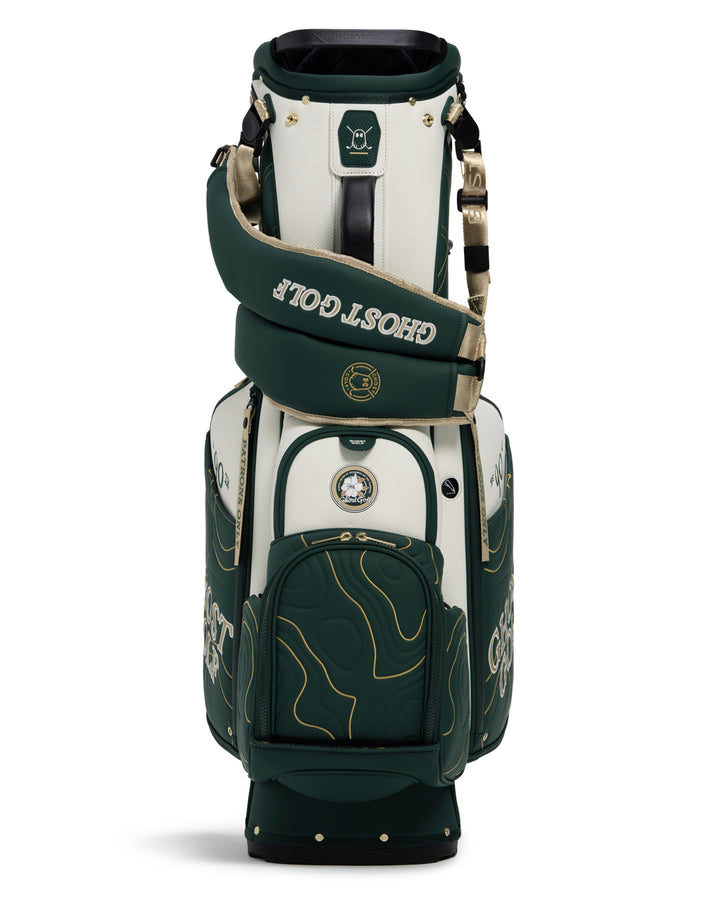Front View of Patrons Only Anday Bag with white and green accents and detail topographic pattern with ghost golf branding and shoulder straps #color_green