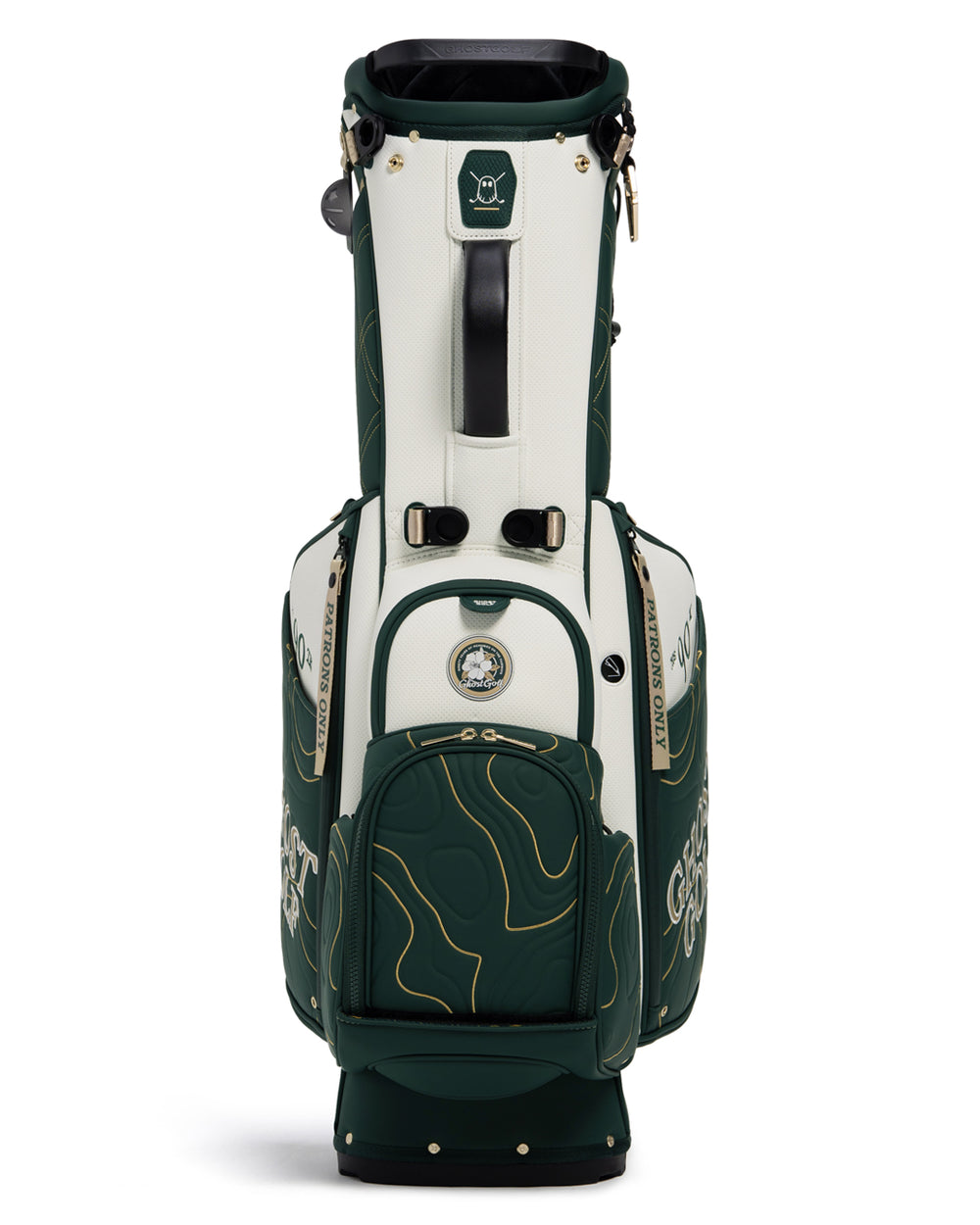 Front View of Patrons Only Anday Bag with white and green accents and detail topographic pattern with ghost golf branding #color_green