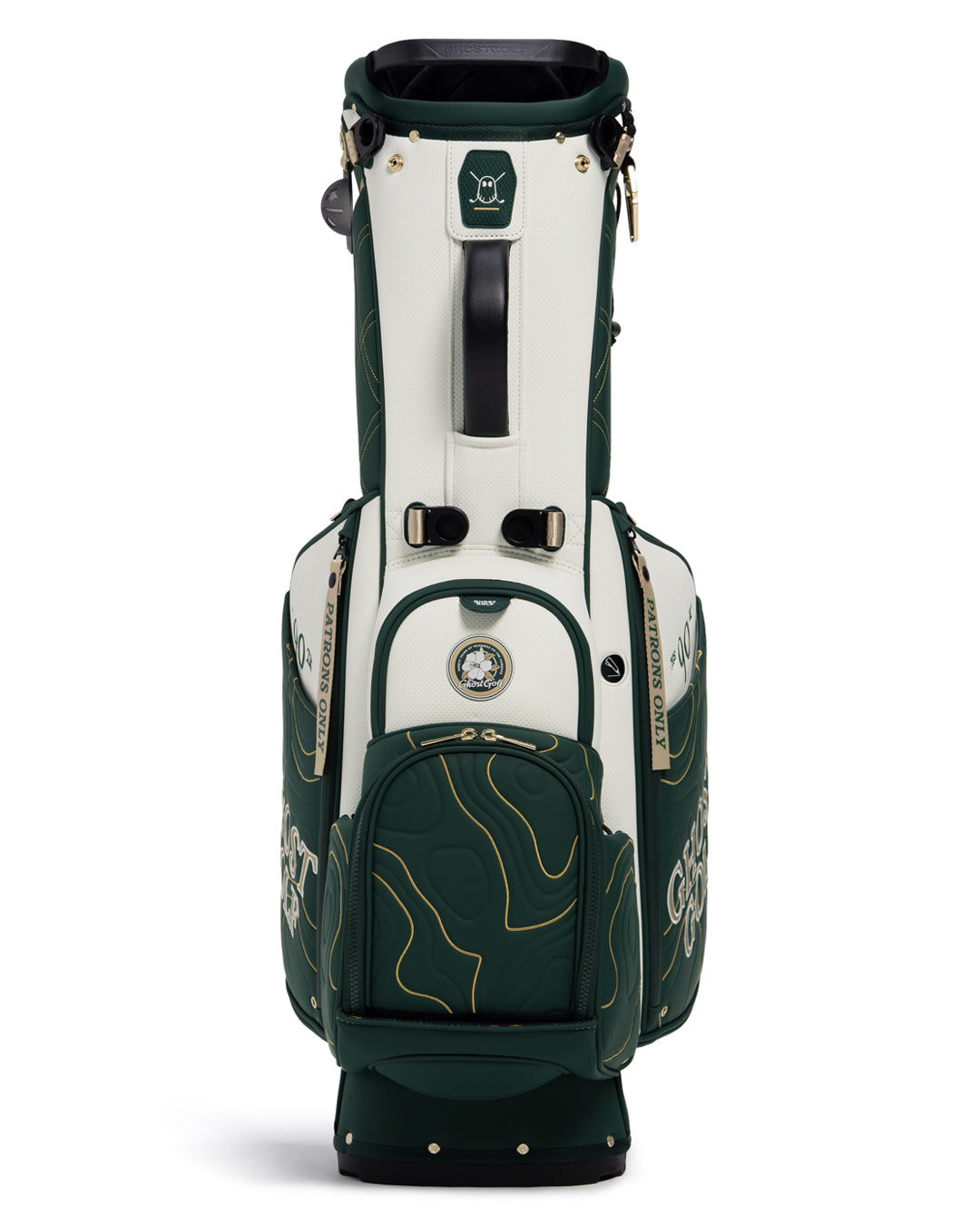 Front View of Patrons Only Anday Bag with white and green accents and detail topographic pattern with ghost golf branding #color_green