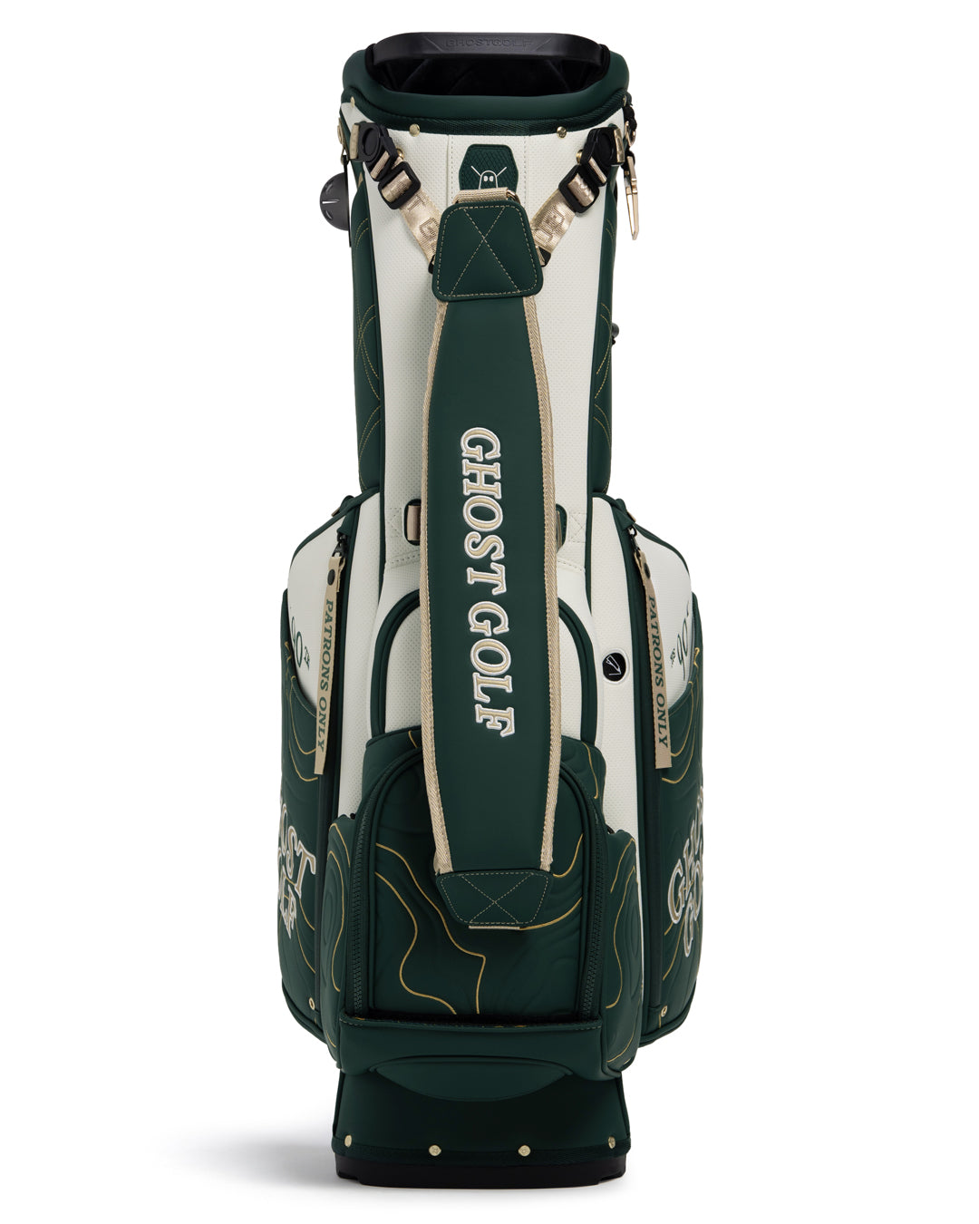 Front View of Patrons Only Anday Bag with white and green accents and detail topographic pattern with ghost golf branding shoulder strap #color_green