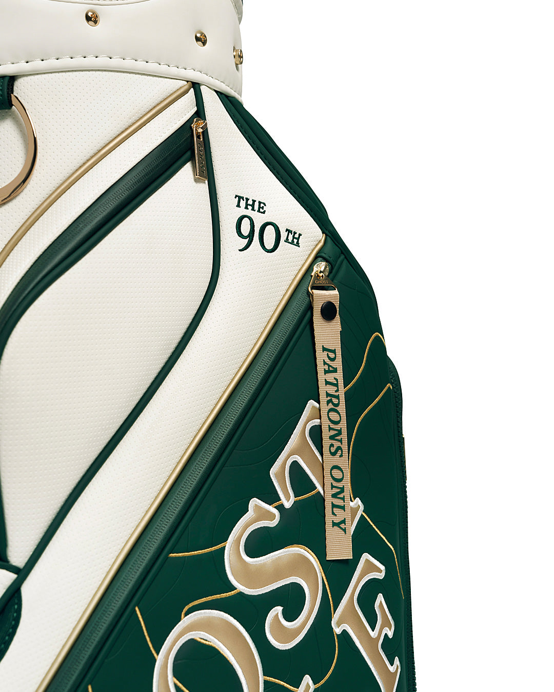 Closeup View of Patrons Only Staff Bag with white and green accents and detail topographic pattern with ghost golf branding #color_green