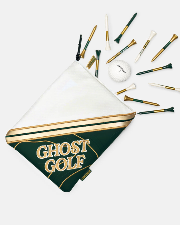 Front Image of Utility Pouch with Ghost Golf Hit tees ball marker and golf ball coming out of utility pouch #color_white