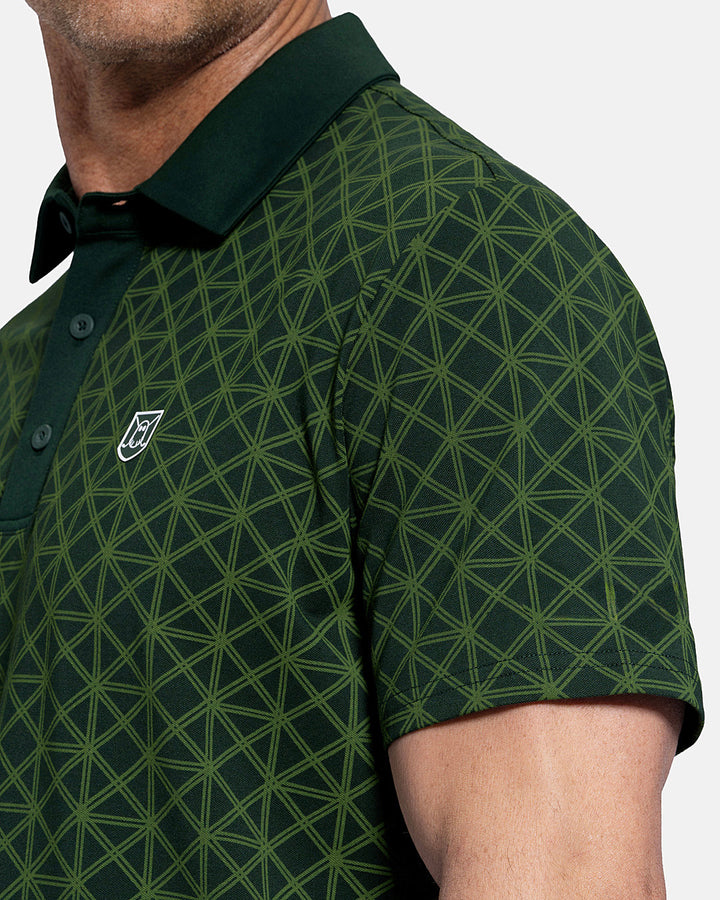 Closeup Side View of Bogey Green Patrons Printed Polo on white male model showing ghost golf graphic hit #color_bogey-green