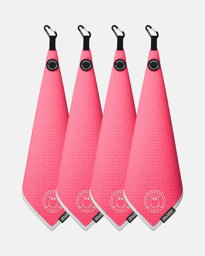 4 Ghost Golf Greenside towels with Magnet Patch and Carabiner. Color Hot Pink