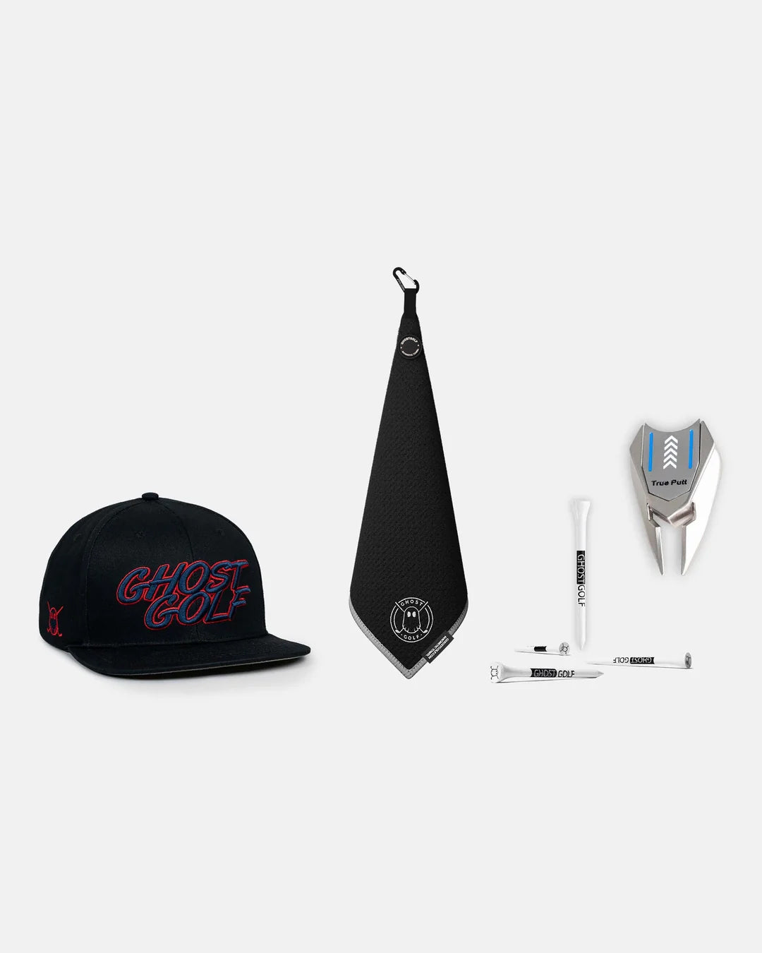 Product Shot of Black Greensdide Magnetic Towel and black golf hat, divot tools and golf tees #color_black