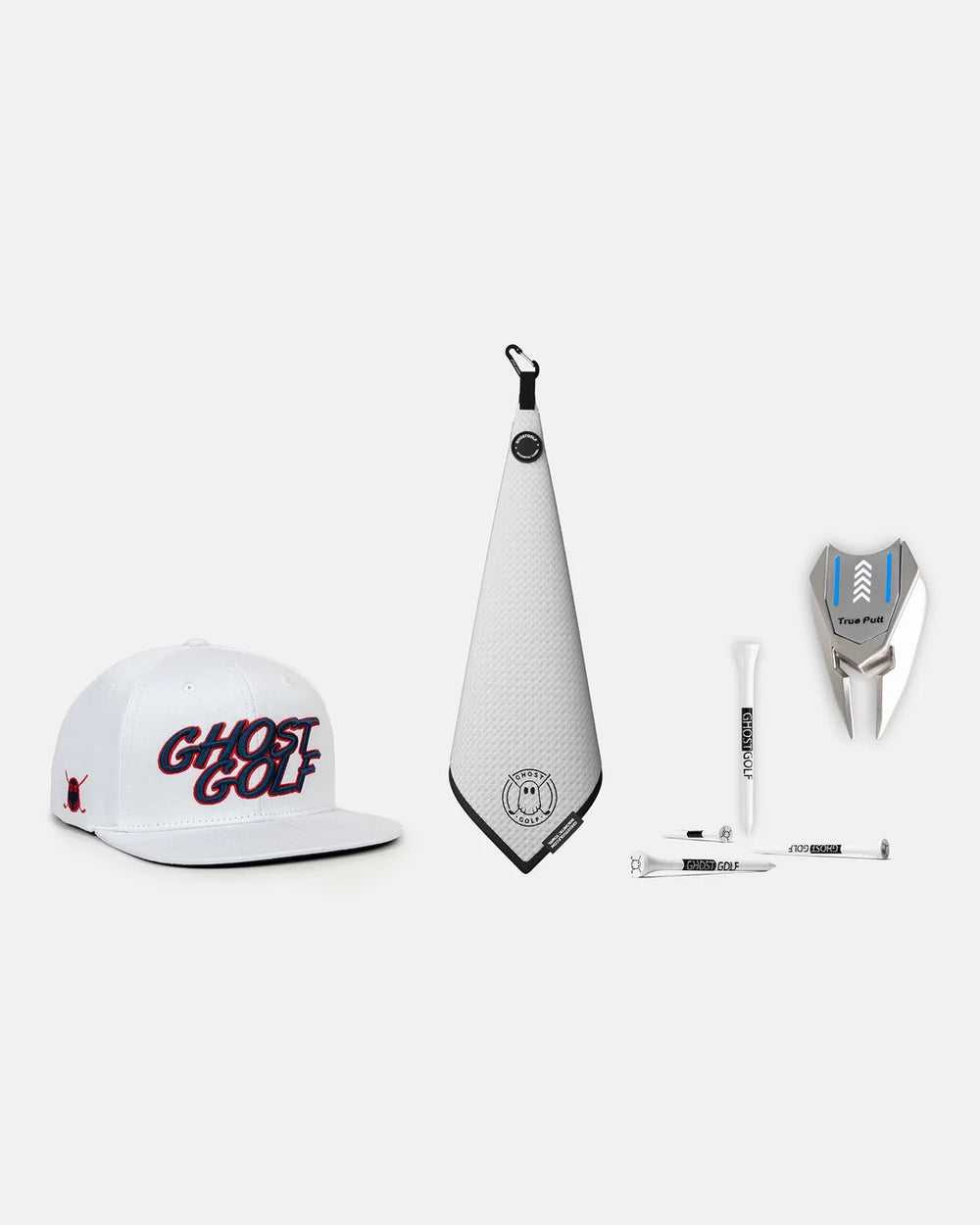 Product Shot of White Greensdide Magnetic Towel and white golf hat, divot tools and golf tees #color_white