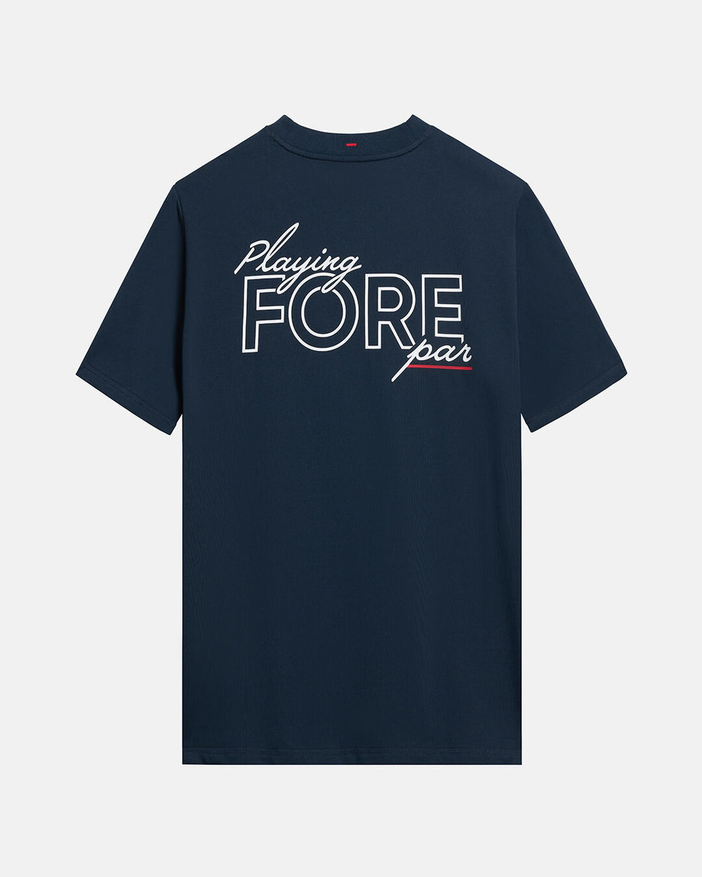Back Product Shot of Navy Qualifier Playing Fore Par Tee with Playing Fore Par Tee Graphic in the Back #color_dark-navy