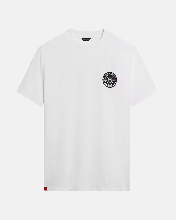 Front Product Shot of White Qualifier Playing Fore Par Tee with Ghost Icon Emblem in Left Chest #color_white
