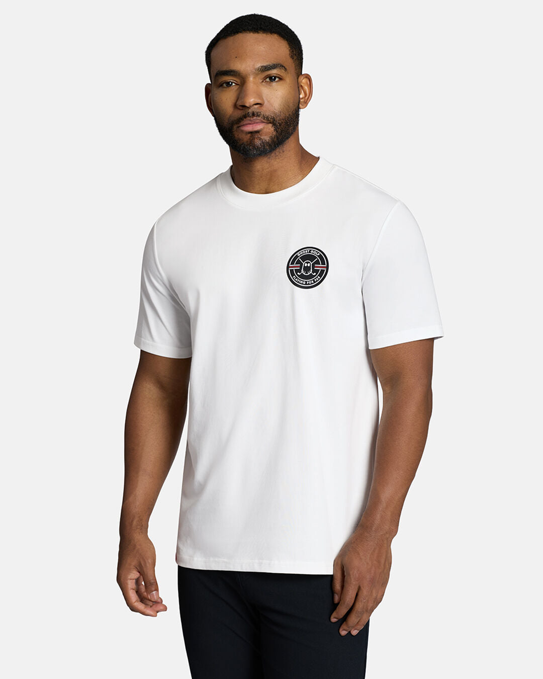 Top Front Body Shot of Black Male Model Wearing White Qualifier Fore Par Tee with black pants #color_white