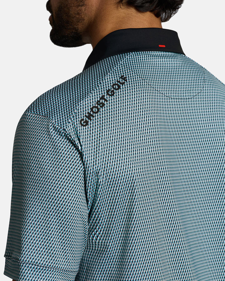 Closeup Back Shoulder Shot of Blue Qualifier Diamond Polo back of the polo showcasing ghost golf hit on left back shoulder #color_blue