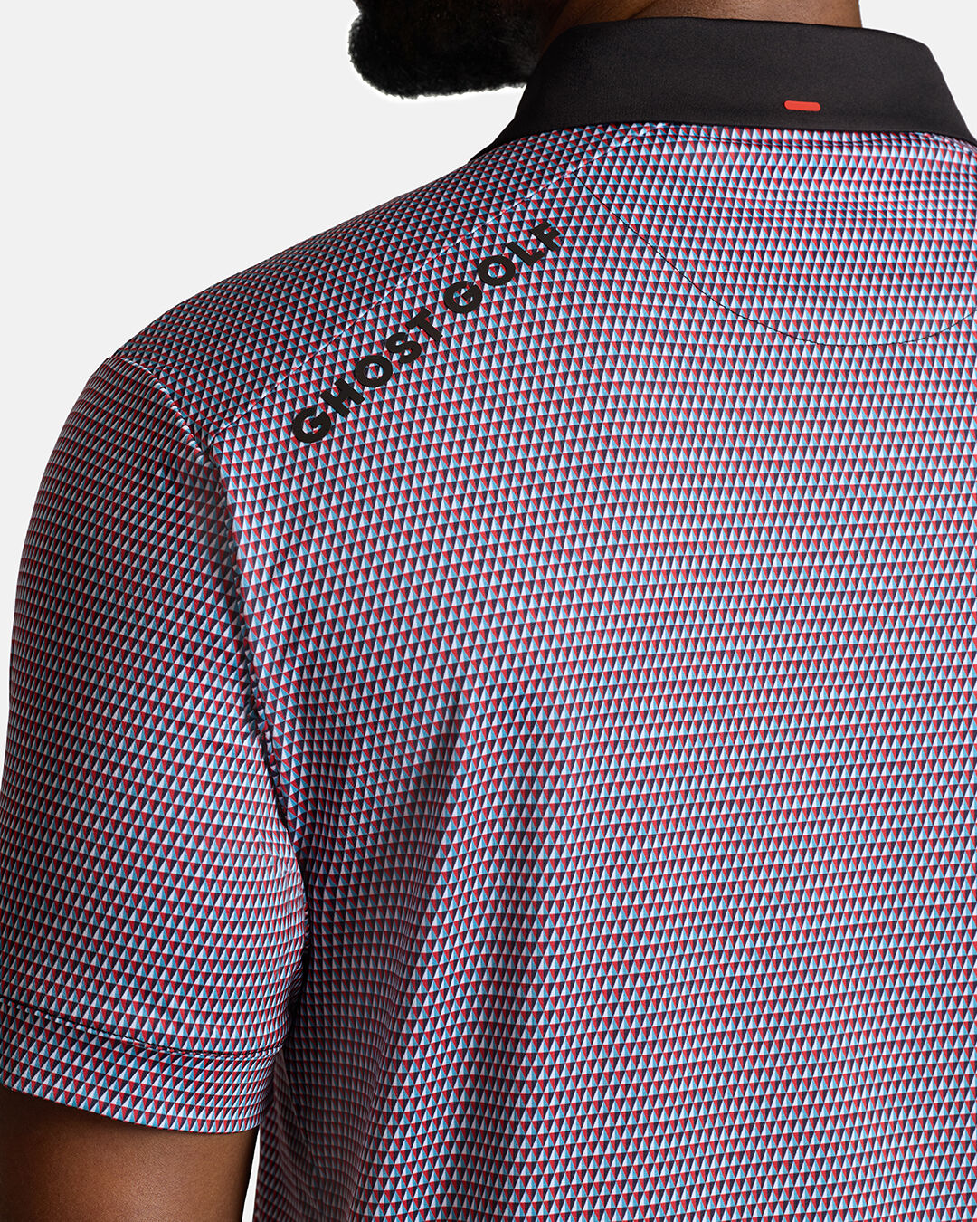 Closeup Back Shoulder Shot of Red Qualifier Diamond Polo back of the polo showcasing ghost golf hit on left back shoulder #color_red