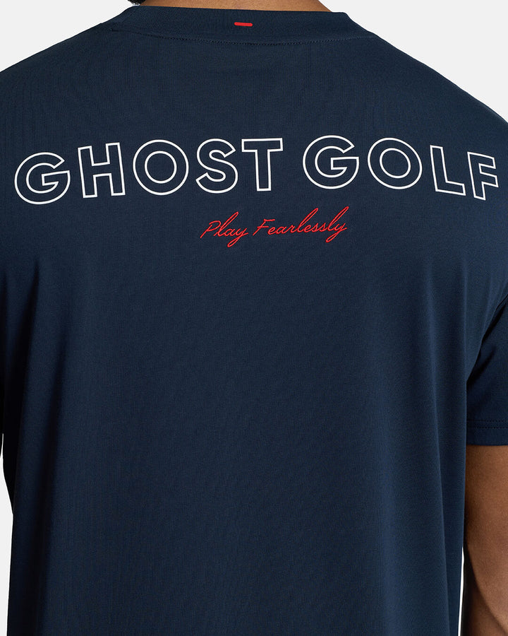 Closeup Shot of Dark Navy Qualifier Player Tee show casing typography artwork on back of tee #color_dark-navy